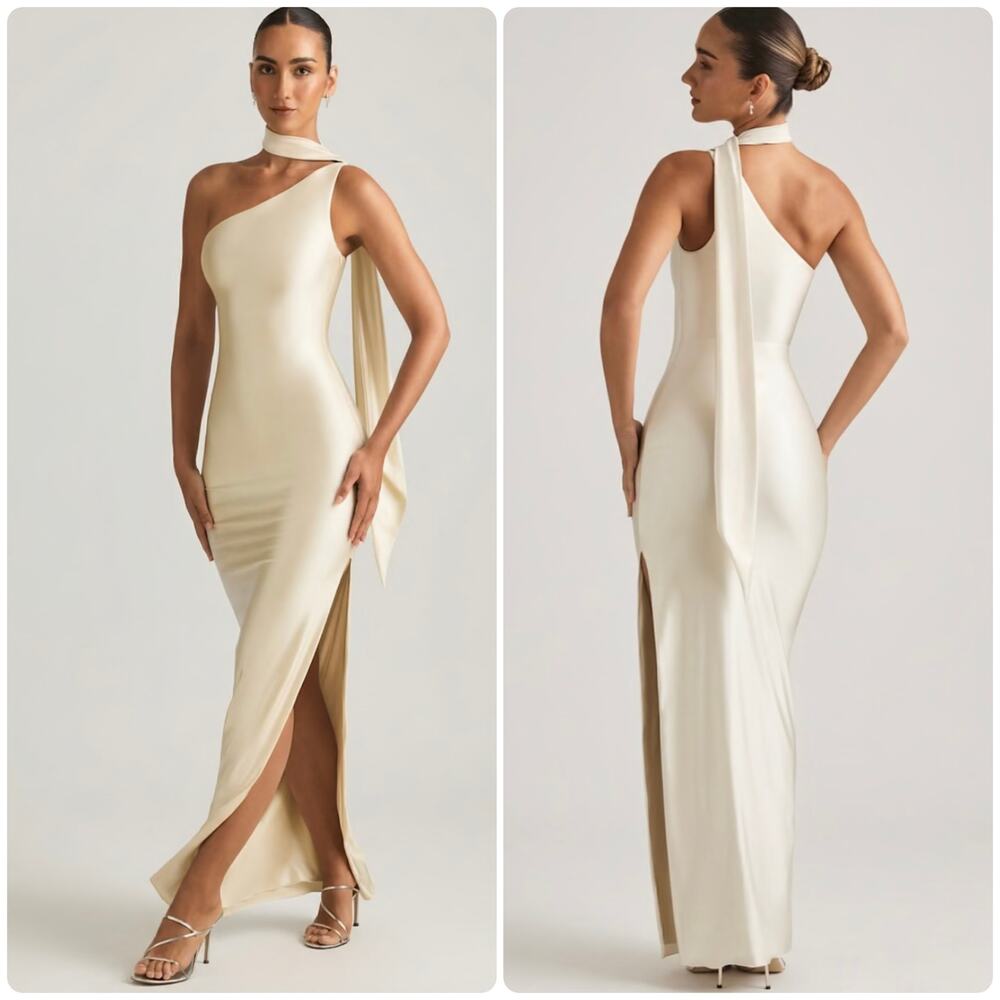 Oh Polly Sheril Asymmetric Scarf-Detail Maxi Dress in Ivory Size 8 New